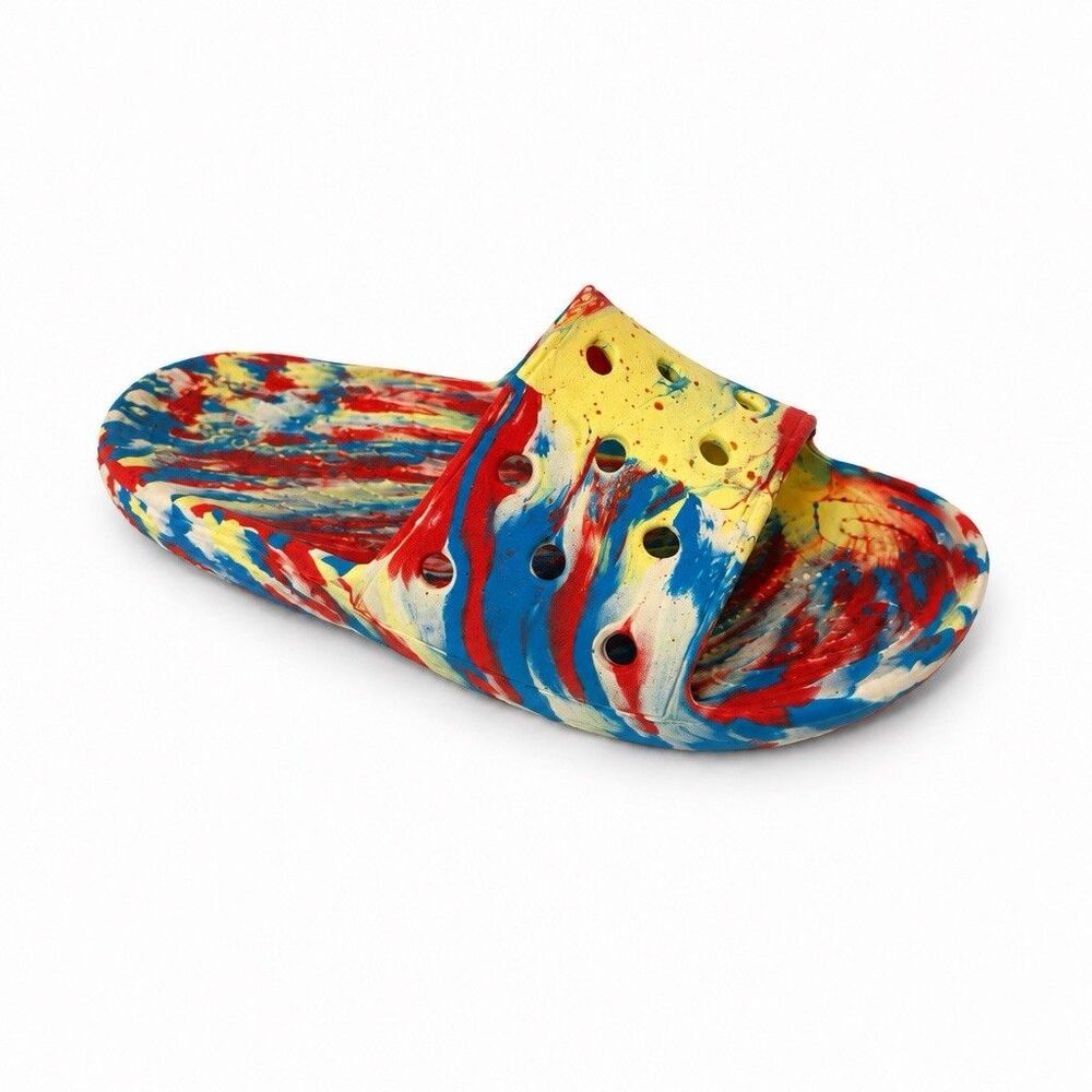 Crocs Unisex M8 W10 Multicolor Paint Splatter Slide Sandals Red Blue Yellow
